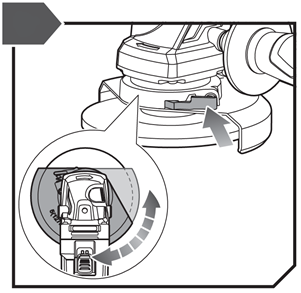 Once locked in, press the button on the guard (3) to Adjust the guard to the desired position. 