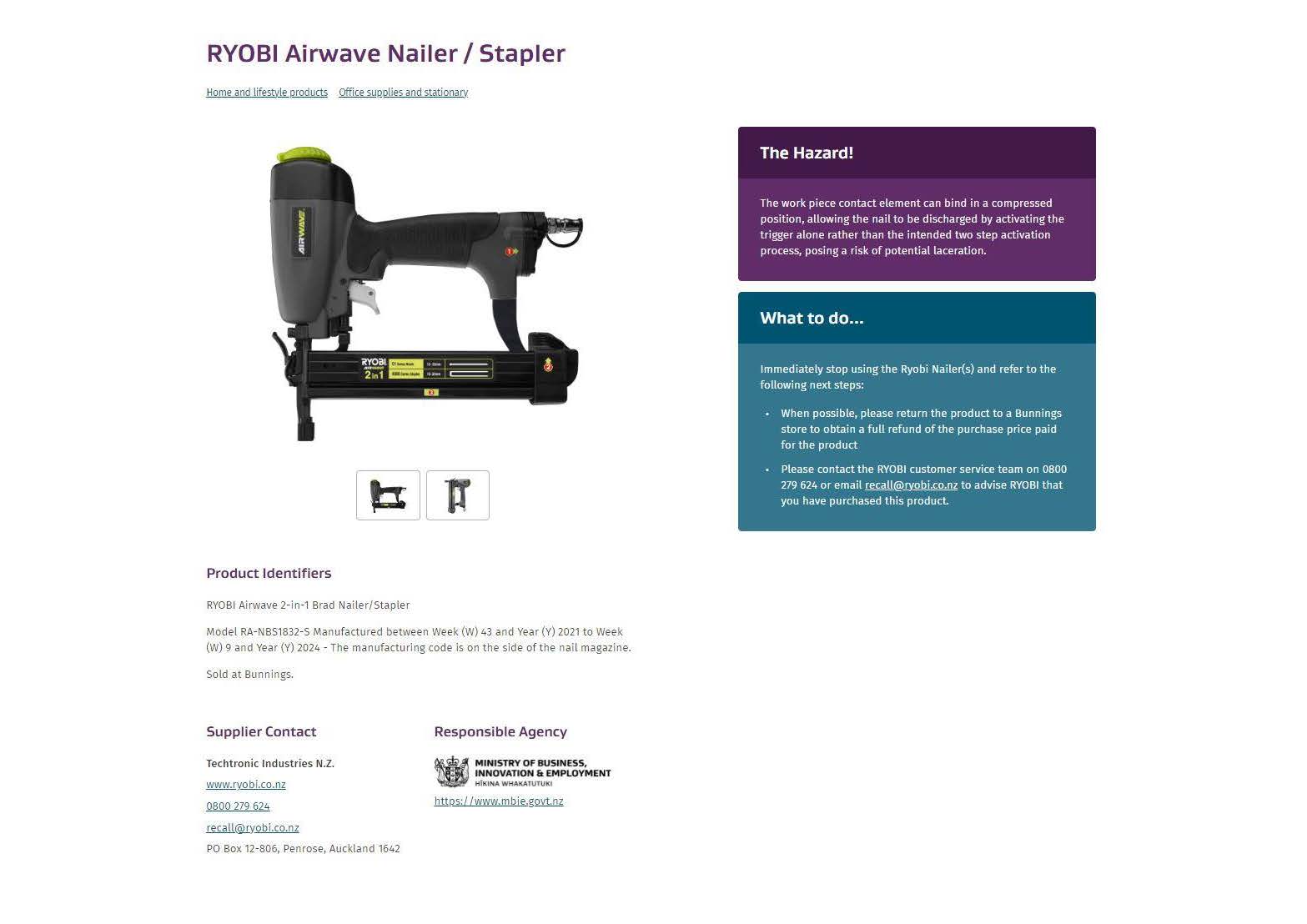 NZ Recall RYOBI RA-NBS1832-S Airwave 2-in-1 C1 Brad Nailer/Stapler