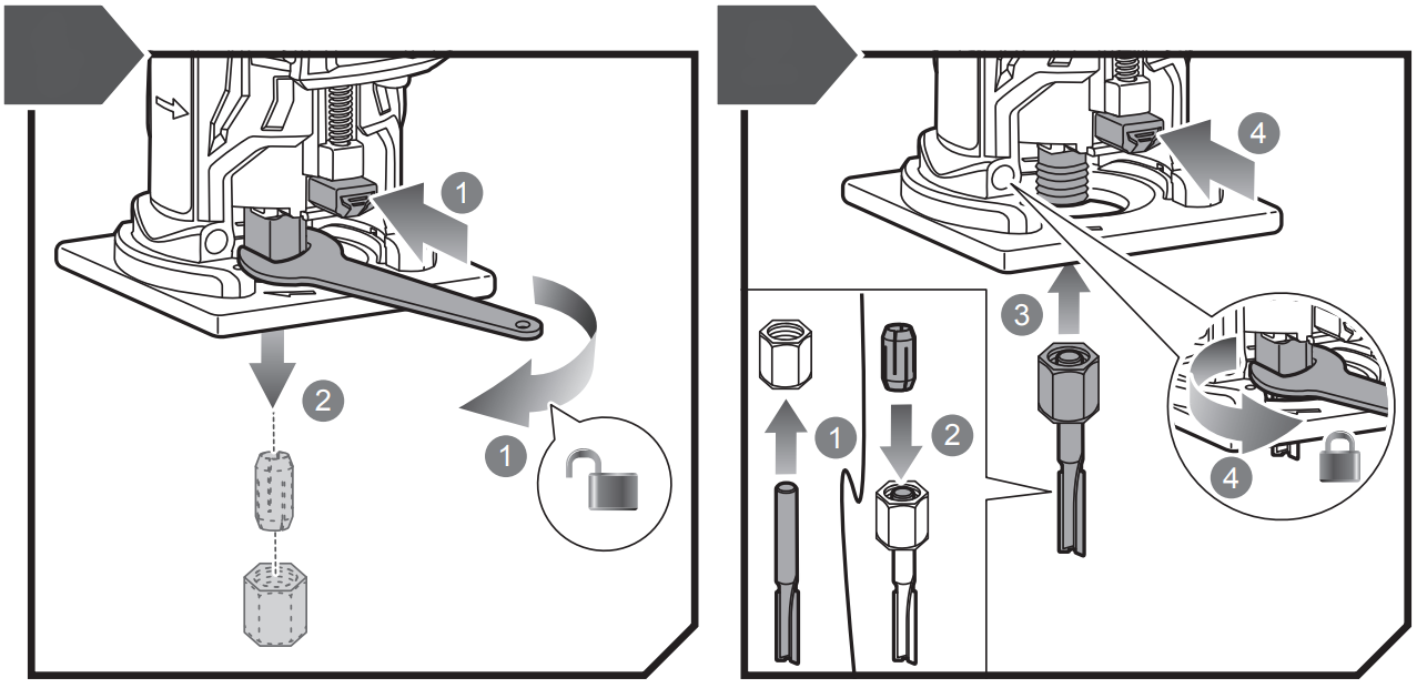 How to fit a Router bit to a RYOBI Trim Router Fig 1